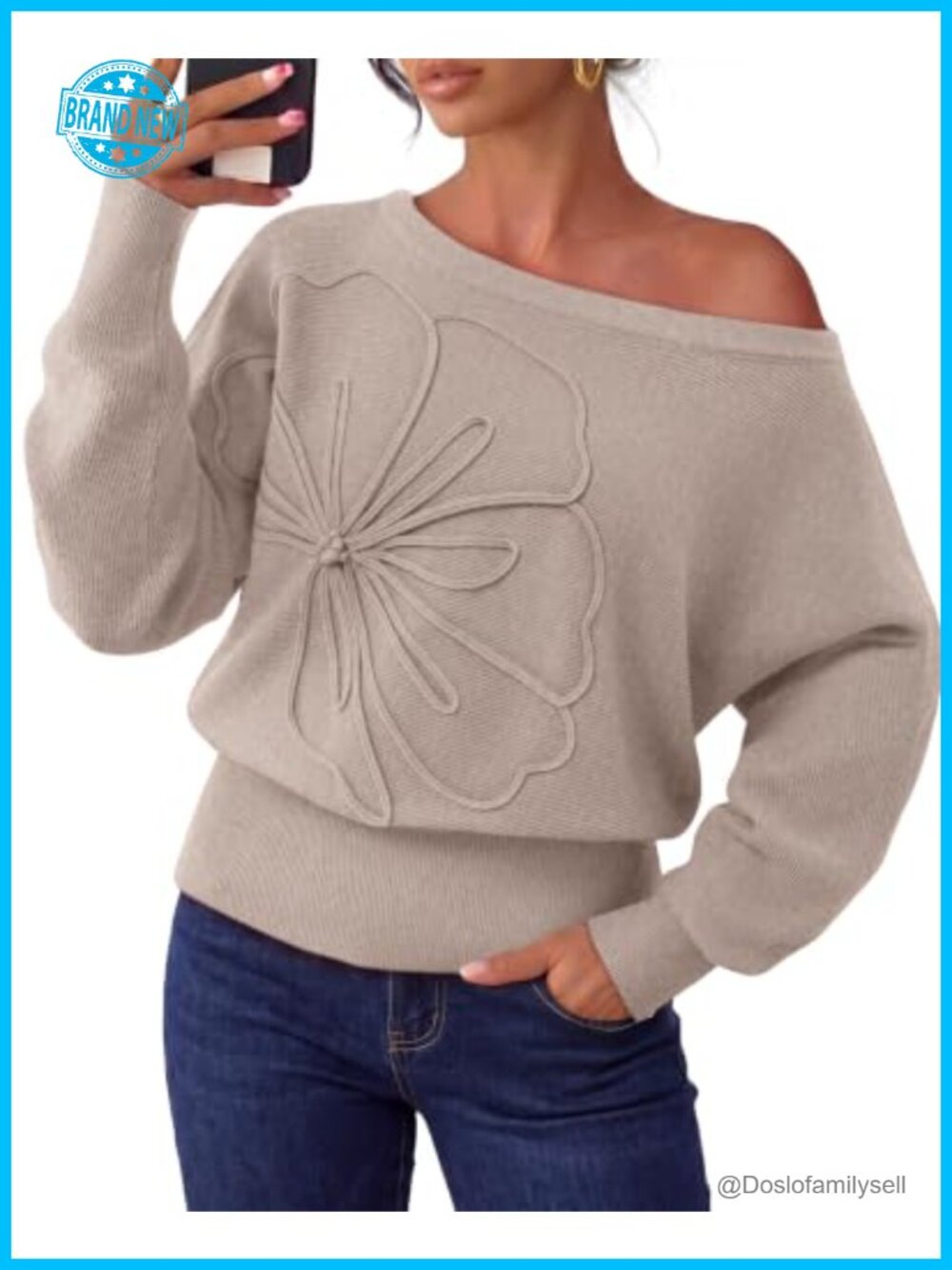Women 3D Floral Knit Pullover Sweater Crew Neck Drop Shoulder